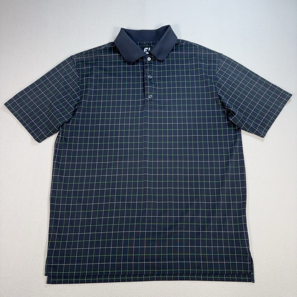 Footjoy Golf Polo Men's L Dark Navy Black Windowpane Grid Plaid Stretch FJ Logo